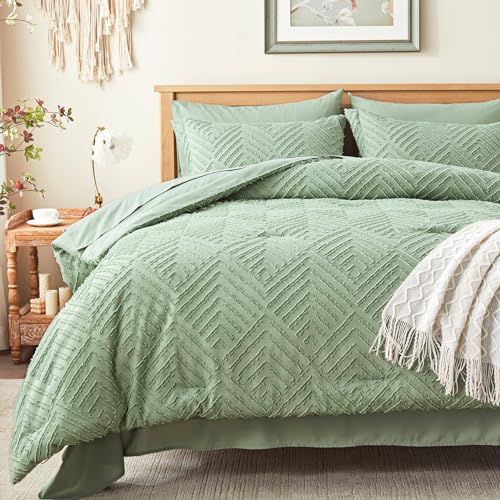 Full Size Comforter Sets 7 Piece,Sage Green Bed in a Bag Full Bedding Set - Boho Tufted, OEKO-TEX Certified, Luxury, Lightweight, All Season, Down Alternative Comforter, Breathable sheets & pillowcases