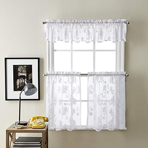 Curtainworks Sibella Lace Kitchen Curtain Window Valance, Rod Pocket, 14, White