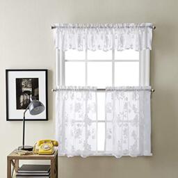 Curtainworks Sibella Lace Kitchen Curtain Window Valance, Rod Pocket, 14, White