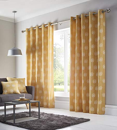 Bedmaker Floral Fully Lined Eyelet Ring Top Curtains, Ochre, 46w x 54d Inches