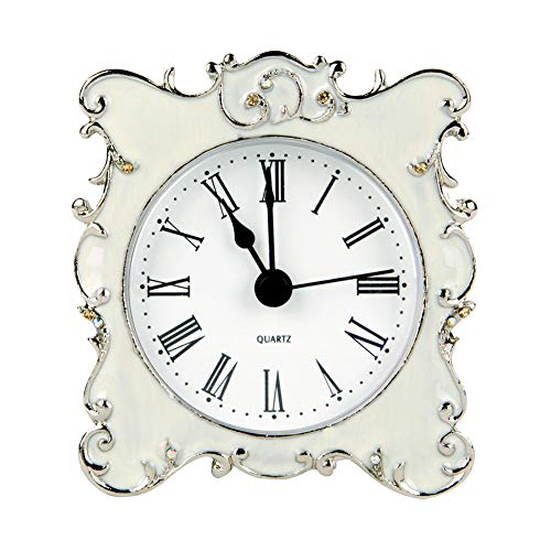 NIKKY HOME Pewter Small and Cute Table Clock with Quartz Analog Crystal Rhinestone 8 x 7x 3 CM, White Enamel