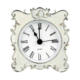 NIKKY HOME Pewter Small and Cute Table Clock with Quartz Analog Crystal Rhinestone 8 x 7x 3 CM, White Enamel