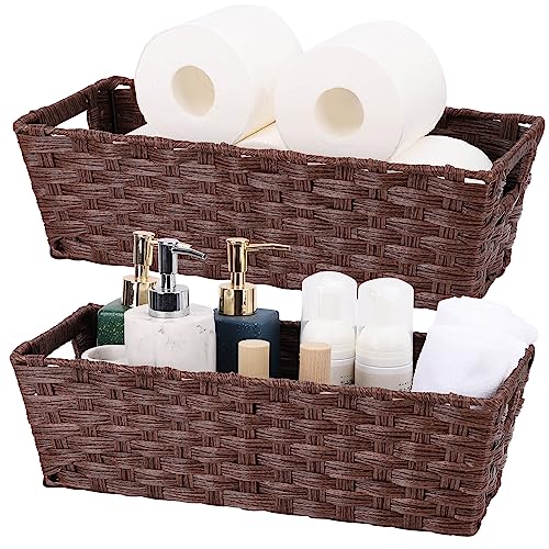 "Onlytak Plastic Wicker Storage Baskets - Toilet Tank & Bathroom Baskets, Woven for Organizing, Brown, 15??"" x 6??"" x 4??"", 2-Pack"