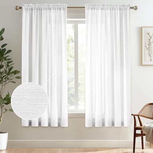 "Melodieux White Semi Sheer Curtains 72 Inches Long for Bedroom, Living Room Farmhouse Linen Look Shiny Sheer Drapes, Rod Pocket Light Filtering Sheer Curtains, 52"" W x 72"" L, 2 Panels"