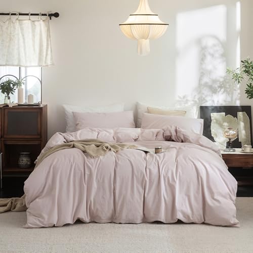 FOSSA Duvet Cover Set 100% Washed Cotton Linen Feel Twin - Super Soft Breathable Lightweight & All Season Bedding Set with Hidden Zipper & 8 Corner Ties (Greyish Pink)