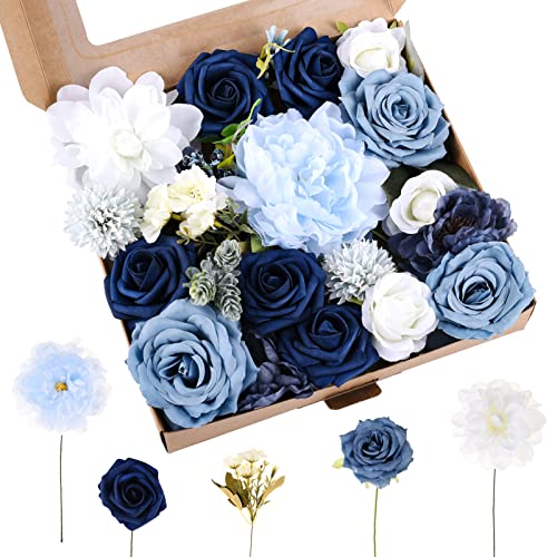 Jspupifip Artificial Flowers Combo Box Set,Fake Silk Flowers Arrangement Bouquets with Stem Leaf for DIY Wedding Flower Centerpiece Wedding Centerpieces, Blue and White