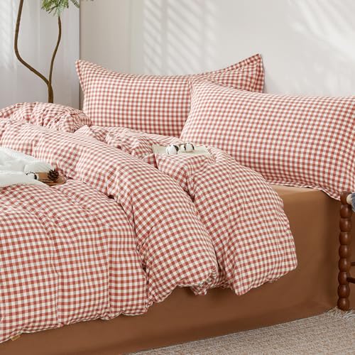 SAPHREAS Gingham Duvet Cover Set Full Size, 100% Washed Cotton Linen Like Plaid Comforter Cover with Zipper Closure & Corner Ties (No Comforter), 80x90 Brick Red