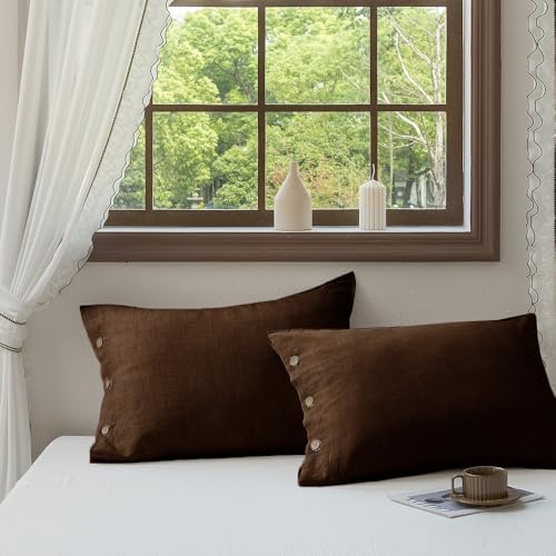 EVERLY 100% Linen Pillowcases Set of 2, French Linen from Normandy, 20X36Inch Queen Size, Natural Color, Coconut Buttons Closure, Flax Pillowshams-Pillowcase-Chocolate
