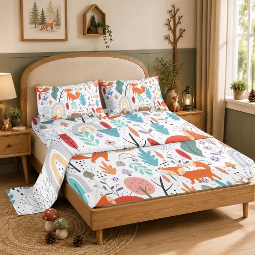 "Nttopship Fox 4 Pieces Bed Sheet Sets Full Size Cartoon Forest Fox Printed Bedding Sets with 16"" Deep Pockets Wildlife Bedroom Decor,Bedding Set 4 PCS(1 Fitted+1 Flat+2 Pillowcases)"