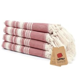 "Bazaar Anatolia Hand Towels - Set of 4 - 39"" x 19"" - Decorative Turkish Hand Towel for Bathroom, 100% Cotton, Kitchen, Face, Hair, Tea, Dishcloth, Red Towels - Stripe Red"