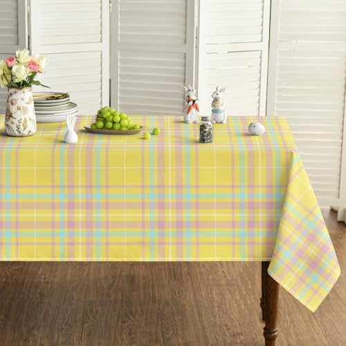 Horaldaily Easter Tablecloth 60 x 140 Inch Rectangular Yellow Buffalo Plaid - Seasonal Washable Table Cover for Party Picnic Dinner Decor