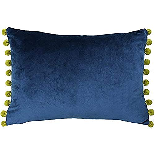 "Riva Paoletti Fiesta Rectangular Filled Cushion Blue Yellow Pompom Edges-Faux Velvet Fabric-Discreet Zip Closure-100 Case (14"" x 20"" inches), Polyester, Indigo/Olive, 35 x 50cm"