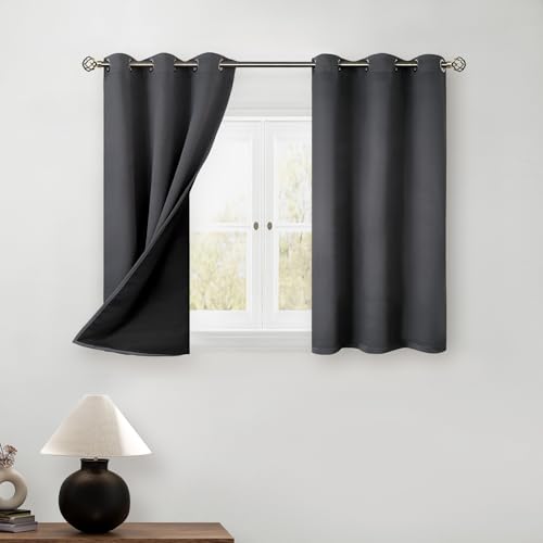 BGment Short Blackout Curtains 40 Inch Length 2 Panels, Thermal Insulated Total Light Blocking Curtains for Bedroom, Grommet Window Drapes with Thick Black Liner, 42 Inch Wide Each Panel, Dark Grey