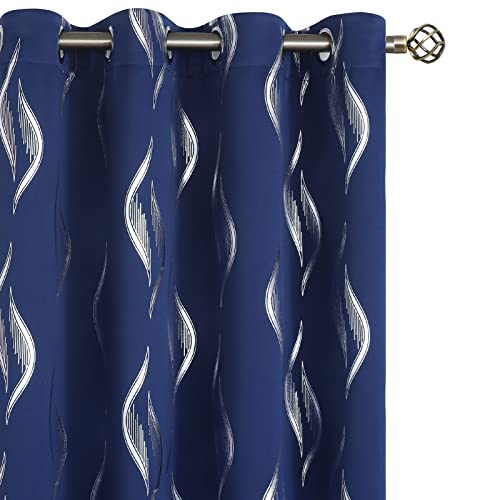 BGment Blackout Curtains 72 Inch Length 2 Panels Set, Grommet Room Darkening Curtains Black Out Thermal Insulated Curtains with Silver Harp Printed for Bedroom, 2 Panels, 52 x 72 Inch, Navy