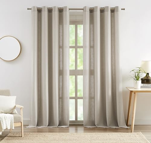 "Central Park Sand Linen Semi Sheer Grommet Curtain Linen Blend, 58""Wx84""Lx2 - Flax Solid Drape, Light Filtering Panel, 84 Inch Long, Window Treatment Set, Farmhouse Rustic, for Living Room Bedroom"