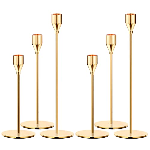 Oatnauxil Gold Candle Holders Candle Sticks Long Holder Metal Candlestick Holders for Wedding, Dinning, Party, Home Decor, Anniversary, Fits 3/4 inch Thick Candle&Led Candles (Set of 6 Pcs)