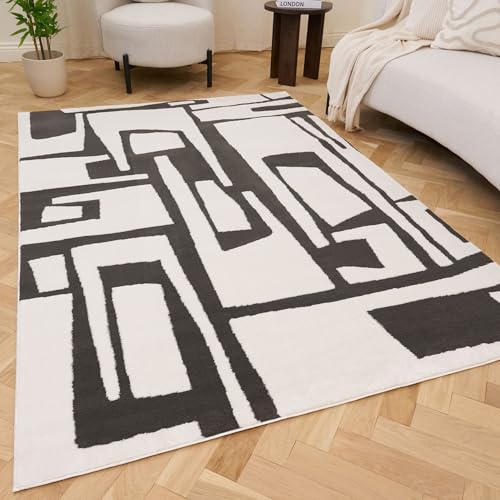 THE RUGS Living Room Rug, Loft Collection – Modern Textured 14mm Soft Pile Area Carpet, Non-Shedding & Easy Care [ Abstract Dark Grey, 80x150 cm]