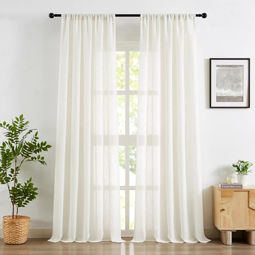 Treatmentex White Semi Sheer Curtains for Living Room 52 x 95 Long Drapes, Flax Linen Blend Pricacy Light Filtering Curtain Panels 2 Pack Rod Pocket