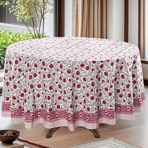 Ridhi Round Tablecloth Hand Block Print 100% Cotton Reusable Sangria Red 120 Inch Table Cover Decorative Everyday Use for Dining, Home, Party, Wedding, Farmhouse, Party Gift for Spring, Mother's Day