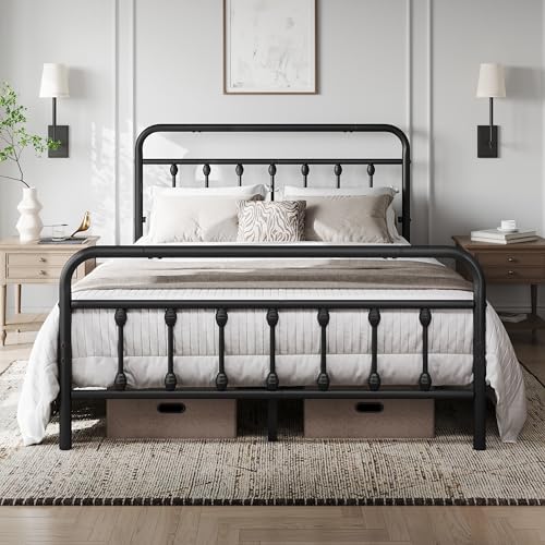 Yaheetech 4ft6 Double Bed Frame Vintage Iron Platform Bed with High Headboard and Footboard, Strong Metal-Framed Bed with Storage Black