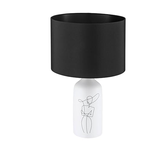 Eglo Bedside lamp Vinoza, Decorative Side Table Light with lampshade, Living Room and Bedroom Lighting Made of White Ceramic with Motif and Black Fabric, E27 Socket