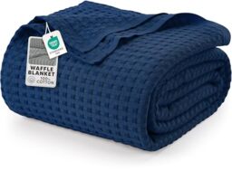 Utopia Bedding Cotton Waffle Blanket 300 GSM (Navy - 228x228 cm) Soft Lightweight Breathable Bed Blanket Big Size Layering Any Bed for All Season