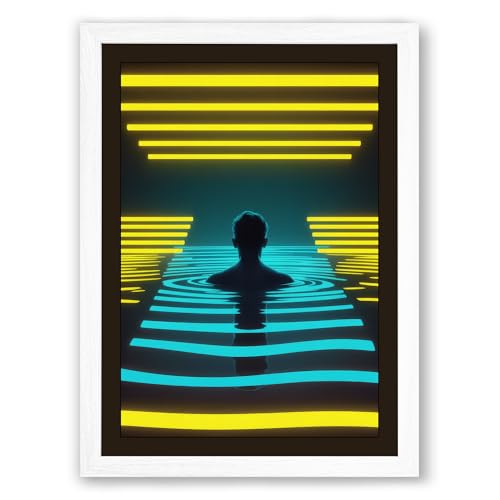 Figure in Neon Light Modern Framed Wall Art Print A4 (29.7×21cm) White, Wall Decor for Living Room, Bedroom, Office & Home, Ready to Hang, Art Gift
