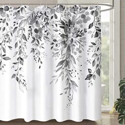 Zussun Gray and White Eucalyptus Shower Curtain Watercolor Grey Floral Plant Leaf Shower Curtains for Bathroom Botanical Flower Waterproof Fabric Bath Curtain Decor with Hooks (Black, 72'' x 72'')