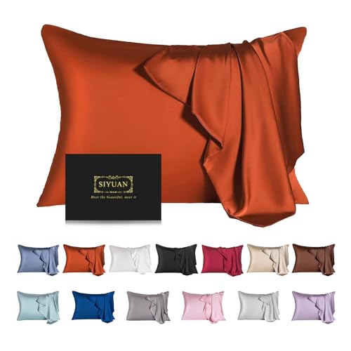 Mulberry Silk Pillowcase for Hair and Skin,Queen Size Cooling Silk Pillow Case with Hidden Zipper,Allergen Proof Dual Sides Soft Breathable Smooth Silk Pillow Cover for Women(Queen,Orange)