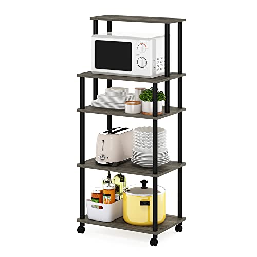 Furinno TURN-N-TUBE Bakers Rack with Wheels, 5-Tier Kitchen Storage Cart, Kitchen Cart, Coffee Bar, Pantry Organizers and Storage, French Oak Grey