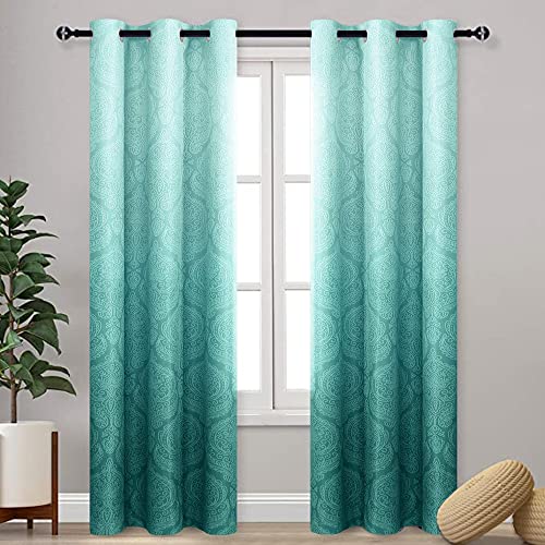 DWCN Teal Ombre Blackout Curtains for Bedroom - Damask Patterned Thermal Insulated Energy Saving Grommet Curtains for Living Room, 1 Pair Gradient Window Curtain Panels, 42 x 84 Inches Long,Teal
