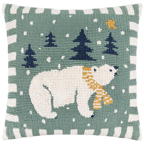 furn. Polar Bear Cushion Cover – Festive Christmas Tufted Textured Decorative Case with Striped Edging (Frosty Blue - 45x45cm)
