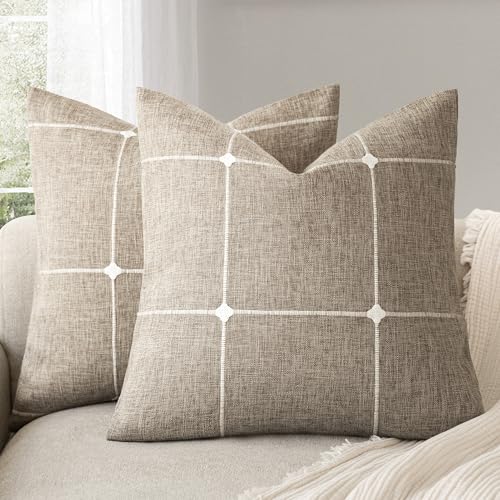 Foindtower Pack of 2 Decorative Faux Linen Jacquard Check Throw Pillow Covers Farmhouse Cushion Cover with Grid Textured Accent Pillowcase for Couch Sofa Living Room Home Decor,22??22 Inch,Oatmeal