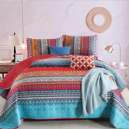"WONGS BEDDING Boho Quilt Set King Size, Bohemian Red Christmas Stripe 3 Pieces Bedspread Set Lightweight Microfiber All Season Christmas Bedding Coverlet Set for King Bed (104""x90"")"