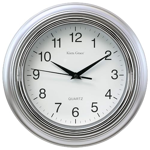 Kiera Grace Aster Round Wall Clock, 10-Inch, 1.5-Inch deep, Silver