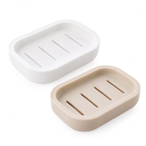 2 Pack Soap Dish, Double Layer Soap Tray with Drainage - Detachable Travel Soap Case, Portable Soap Tray for Shower, Kitchen Sink, Easy Cleaning (White & Khaki)