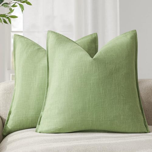 Foindtower Pack of 2, Decorative Linen Soild Throw Pillow Covers Soft Accent Euro Cushion Case Boho Farmhouse Pillowcase for Chair Couch Sofa Bedroom Living Room Home Decor 24 x 24 Inch Lime Green