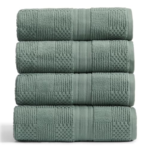 Springtree Home 100% Cotton Bath Towel Set - 4-Pack - Textured - Green - Luxury Geometric Design - Absorbent & Quick-Dry Bathroom Towels - Textured and Durable Cotton Towels for Bathroom - OEKO-TEX