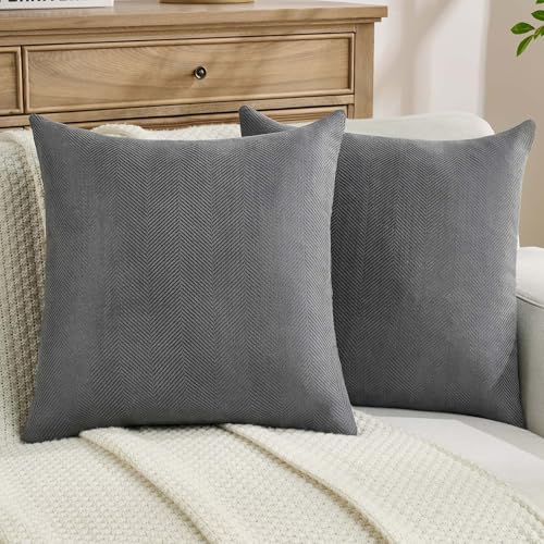 FUTEI Pack of 2 Chenille Throw Pillow Covers 20x20 Inch, Dark Grey - Elegant Herringbone Textured Design,Side Hidden Zipper,Machine Washable,Pill-Resistant,Colorfast,Insert Not Included.