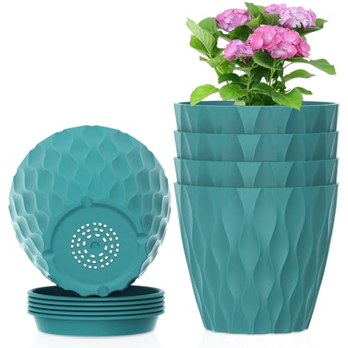 Meowell 6 inch Flower Pots, 5 Pack Plant Pots for Indoor Plants, Water Ripples Plastic Planters with Drainage Holes and Saucers, Nursery Pots for Small Succulent Garden House Plants, Blue Green