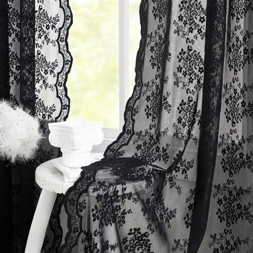 YJ YANJUN Black Curtains for Bedroom 90 Inch Length 2 Panels Victorian Floral Halloween Sheer Curtains for Living Room Privacy Elegant Gothic Net Curtains 52 x