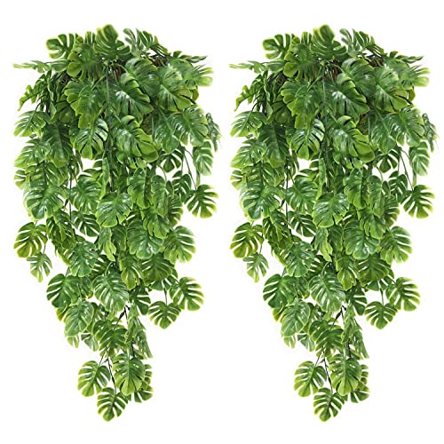 Artificial Hanging Turtle Leaf Plants, Fake Vines Plastic Ivy Greenery Garland Faux Vine Grass Flowers Leaves Outdoor Indoor Home Garden Party Wedding DIY Bedroom Christmas Decorations Decor 4 Pack