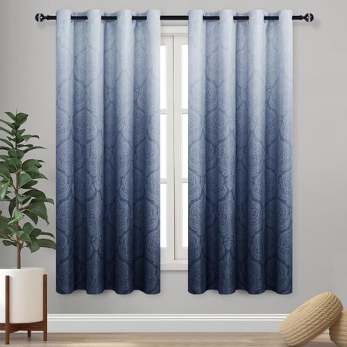 DWCN Ombre Blackout Curtains for Bedroom - Damask Patterned Thermal Insulated Energy Saving Grommet Curtains for Living Room, Gradient Window Curtain Panels, 52 x 63 inch Length, Navy, 2 Panels