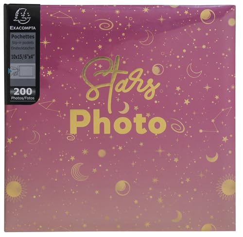 Exacompta - Ref 62112E - MOON Photo Album with Pockets - 200 Photos 10 x 15 cm - 100 Pages - Format 22.5 x 22 cm - Pink Cover Protected by a Plastic Book Cover