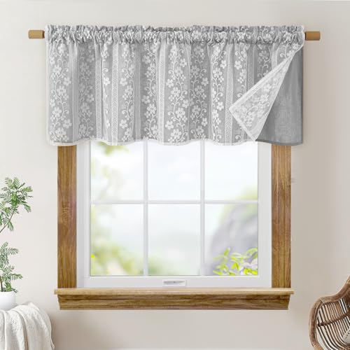 ASPMIZ Linen Farmhouse Kitchen Curtains, Double Layered Valances for Windows with Linen and Lace, Rustic Curtains for Bathroom Window, Kitchen, Cafe Curtain 18 Inch Length Rod Pocket, 52 x 18, Grey