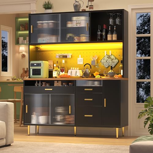 Ball & Cast Highboard with LED Lighting & Pegboard Shelves, Tall Cabinet for Living Room, Kitchen & Dining Room Storage, Adjustable Freestanding Cupboard, 145x24x171cm, Black