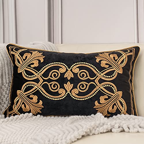 Aeckself 12 x 20 Inch European Cushion Cover Luxury Velvet Home Decorative Embroidered Floral Lumbar Pillow Case Pillowcase for Sofa Chair Bedroom Living Room, Black and Gold 30 x 50cm