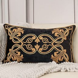Aeckself 12 x 20 Inch European Cushion Cover Luxury Velvet Home Decorative Embroidered Floral Lumbar Pillow Case Pillowcase for Sofa Chair Bedroom Living Room, Black and Gold 30 x 50cm
