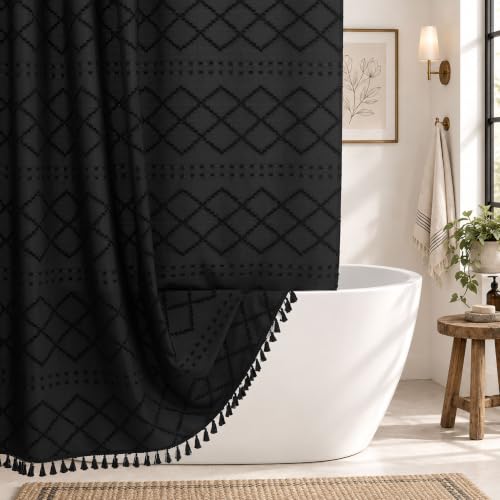 Extra Long Black Woven Fabric Boho Shower Curtain with Tassels 72 x 90 Modern Farmhouse Minimalist, Tufted Chevron Textured Striped Shabby Chic, Water Resistant Cloth Curtain for Bathroom, Hotel Decor