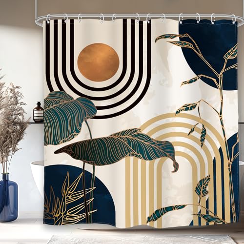 Blue Abstract Mid Shower Curtain Boho Retro Tropical Bathroom Curtain Set - Century Palm Tree Modern Sun Arch Aesthetic Geometric 72Wx72L Bathroom Decor Waterproof Fabric with Free Hooks